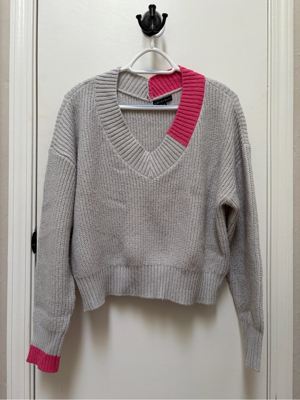 Love Ellie Gray V-Neck Sweater with Hot Pink Colorblock Trim